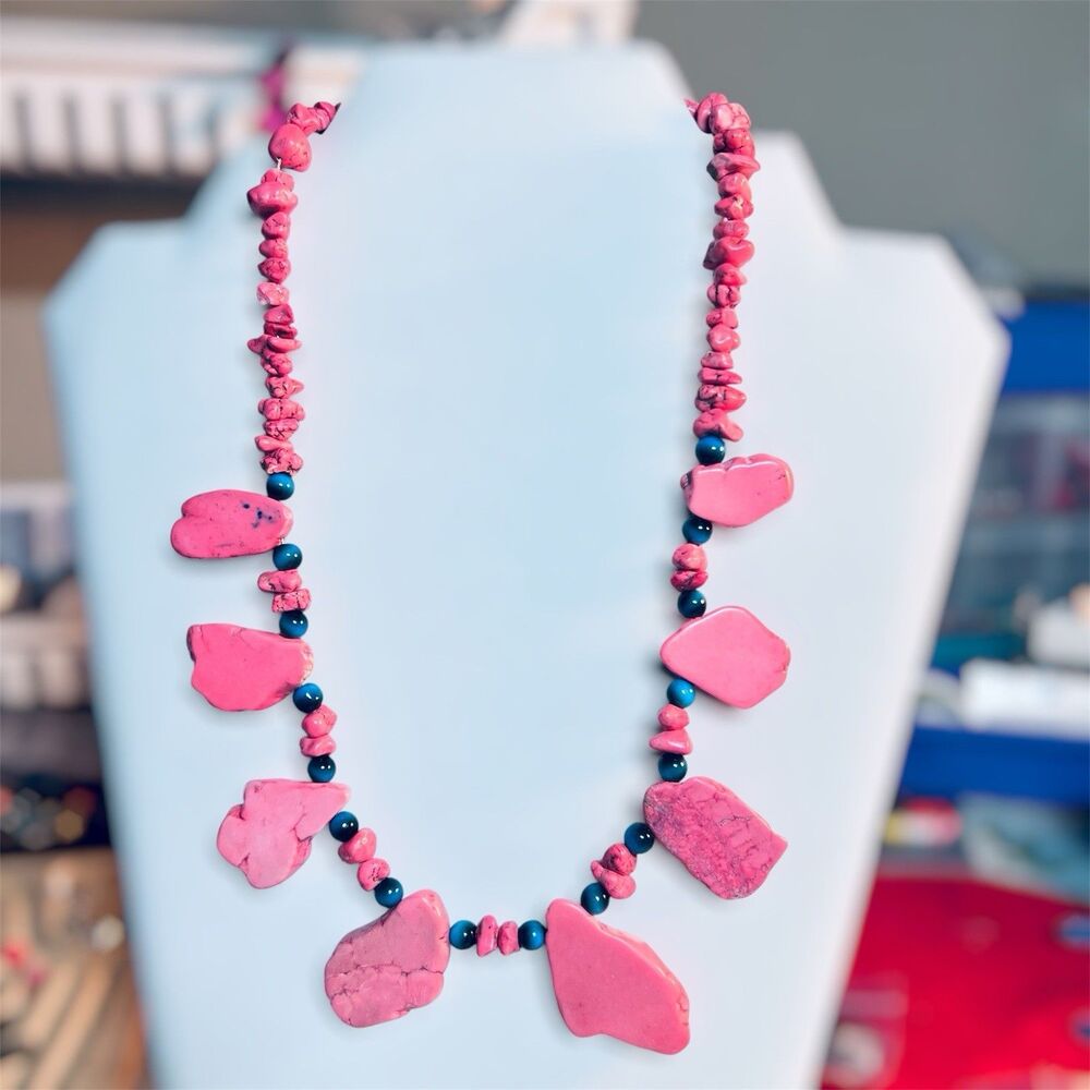 Pink Howlite Beaded Necklace Blue Tiger Eye Beads 18” Artisan Made Summer